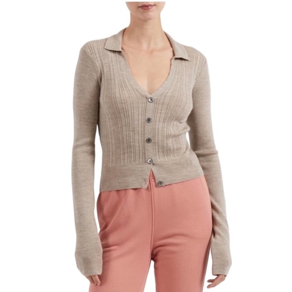ATM Cardigan Ribbed Merino Wool Fitted Tan Large NWT - Picture 1 of 12